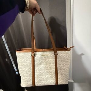 Michael Kors White and Brown Tote Bag